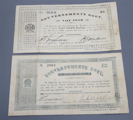 Anglo-Boer war: Two Gouvernements Noot Vijf pond Z.A.R. five pound notes No. 2061 and No. 2008A (28/5/1900 & 1/4/1901), folds